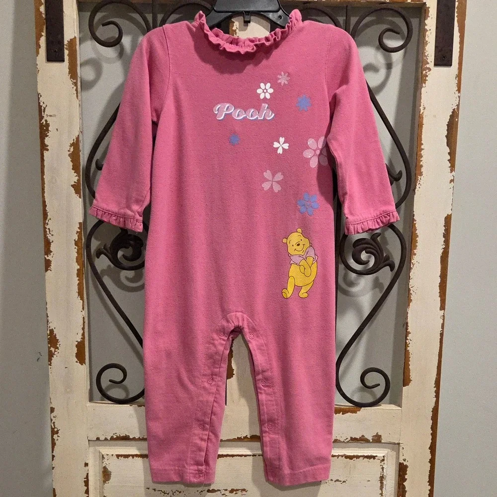 Vintage Disney Baby Girls 24M Winnie The Pooh Romper Pink Floral Ruffle Jumpsuit
